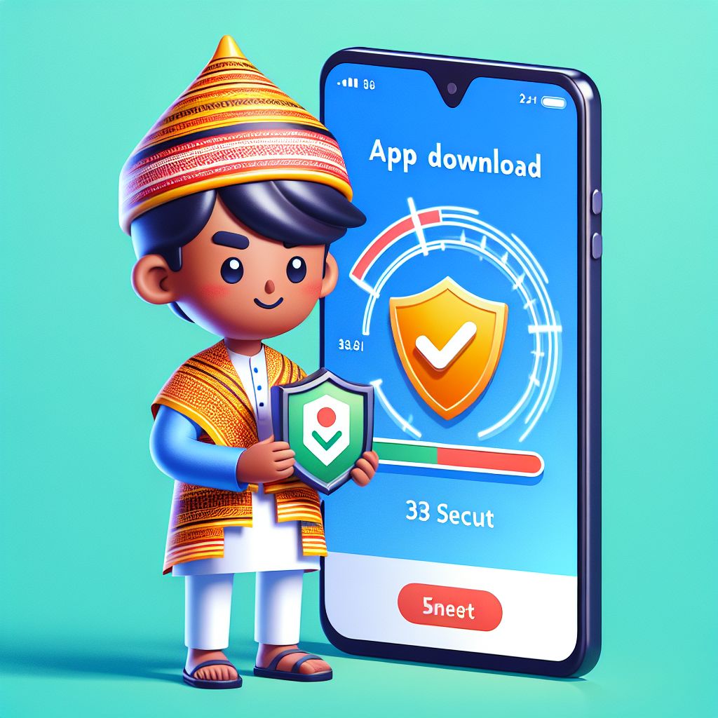 Cartoon character holding a smartphone with 333db app interface and shield icons