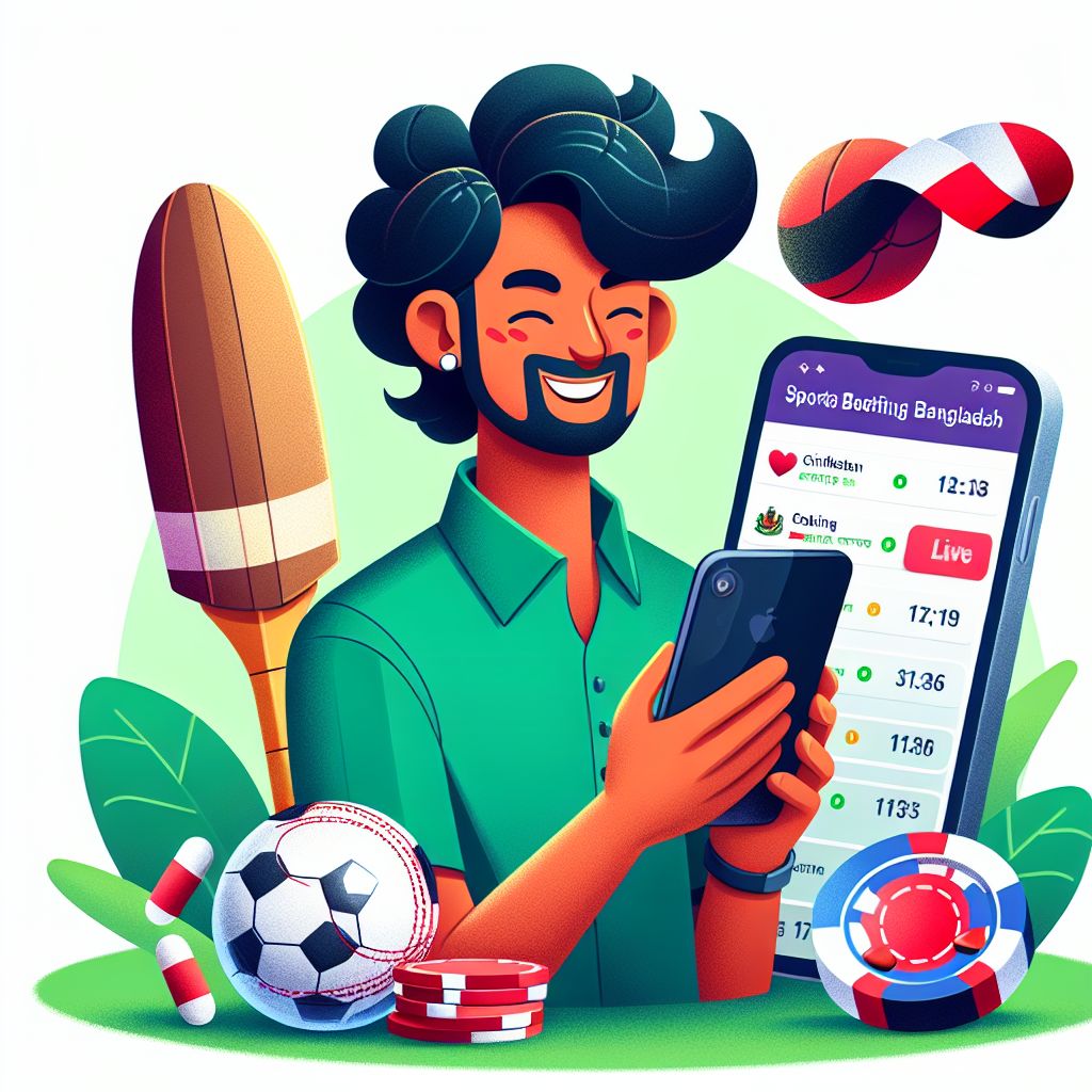 Cartoon sports fan holding a phone with live odds and casino chips in a Bangladesh-themed color palette