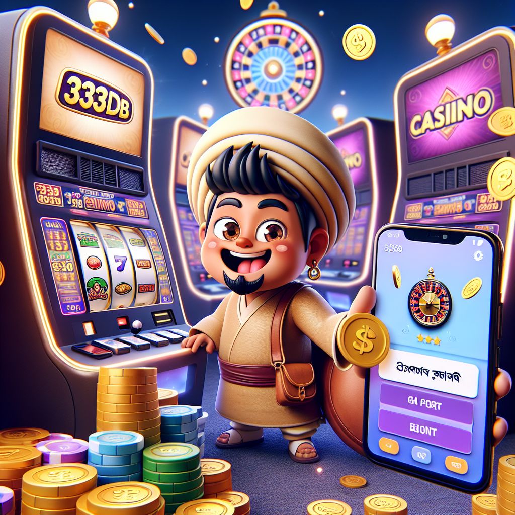 333db Casino cartoon character with cards, chips, and coins in a Bangladesh-themed casino scene