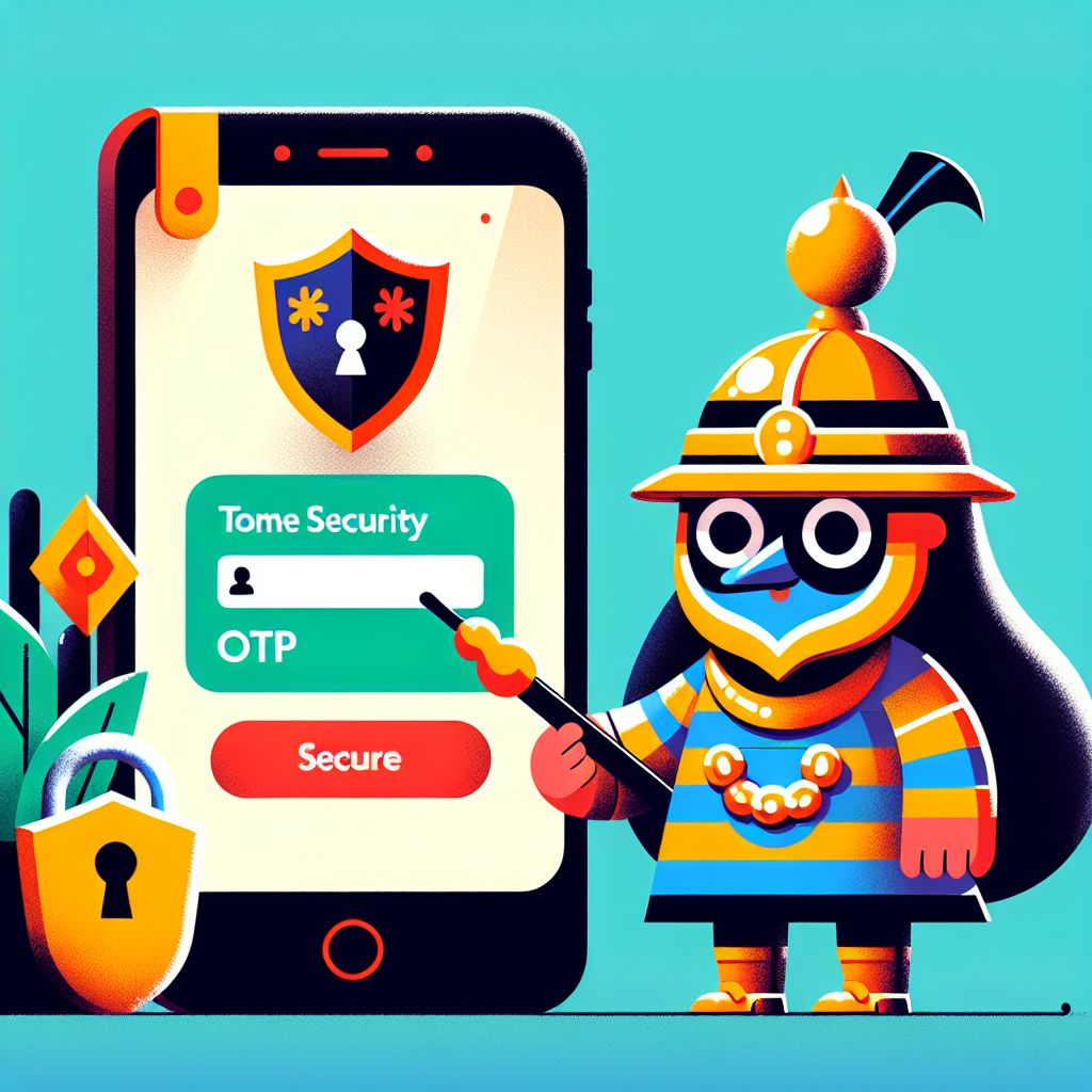 Cartoon character holding a phone with a secure login screen and shield icon